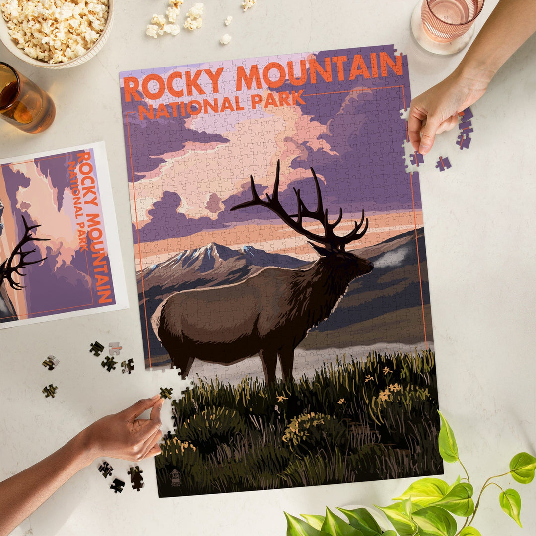 Rocky Mountain National Park, Colorado, Elk and Sunset, Jigsaw Puzzle Puzzle Lantern Press 