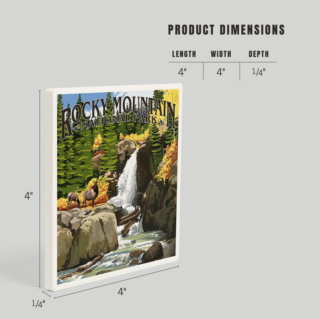 Rocky Mountain National Park, Colorado, Elk and Waterfall, Coasters Coasters Lantern Press 