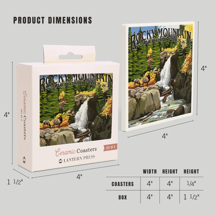 Rocky Mountain National Park, Colorado, Elk and Waterfall, Coasters Coasters Lantern Press 