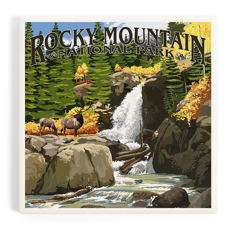 Rocky Mountain National Park, Colorado, Elk and Waterfall, Coasters Coasters Lantern Press 