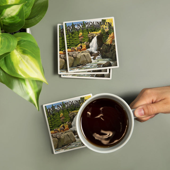 Rocky Mountain National Park, Colorado, Elk and Waterfall, Coasters Coasters Lantern Press 