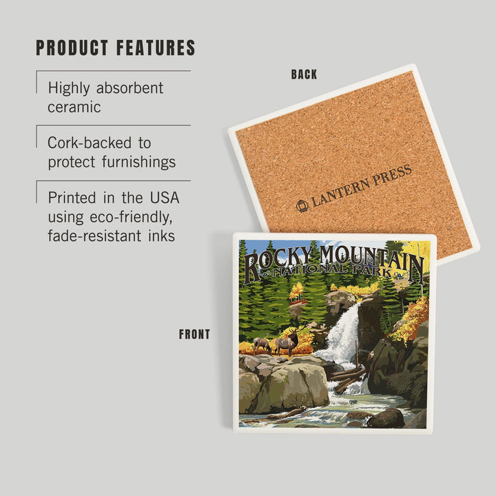 Rocky Mountain National Park, Colorado, Elk and Waterfall, Coasters Coasters Lantern Press 