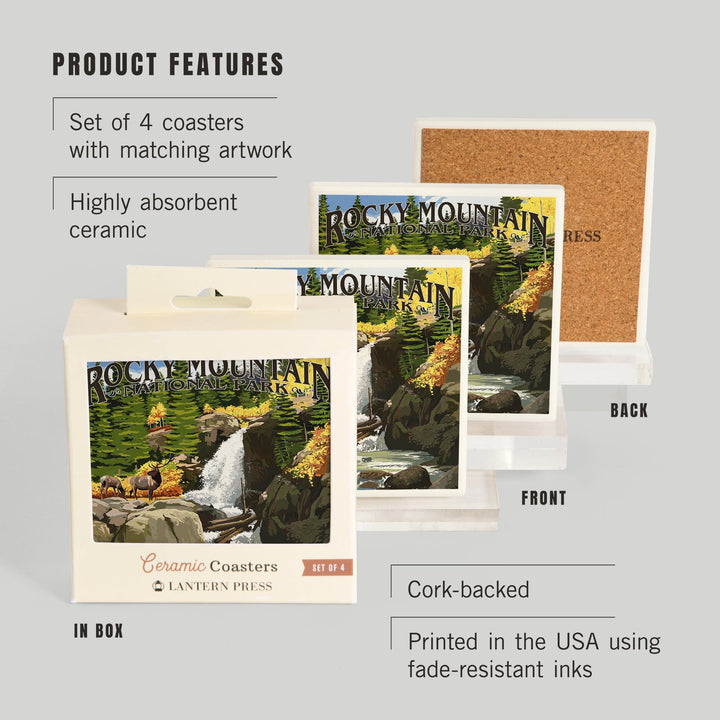Rocky Mountain National Park, Colorado, Elk and Waterfall, Coasters Coasters Lantern Press 