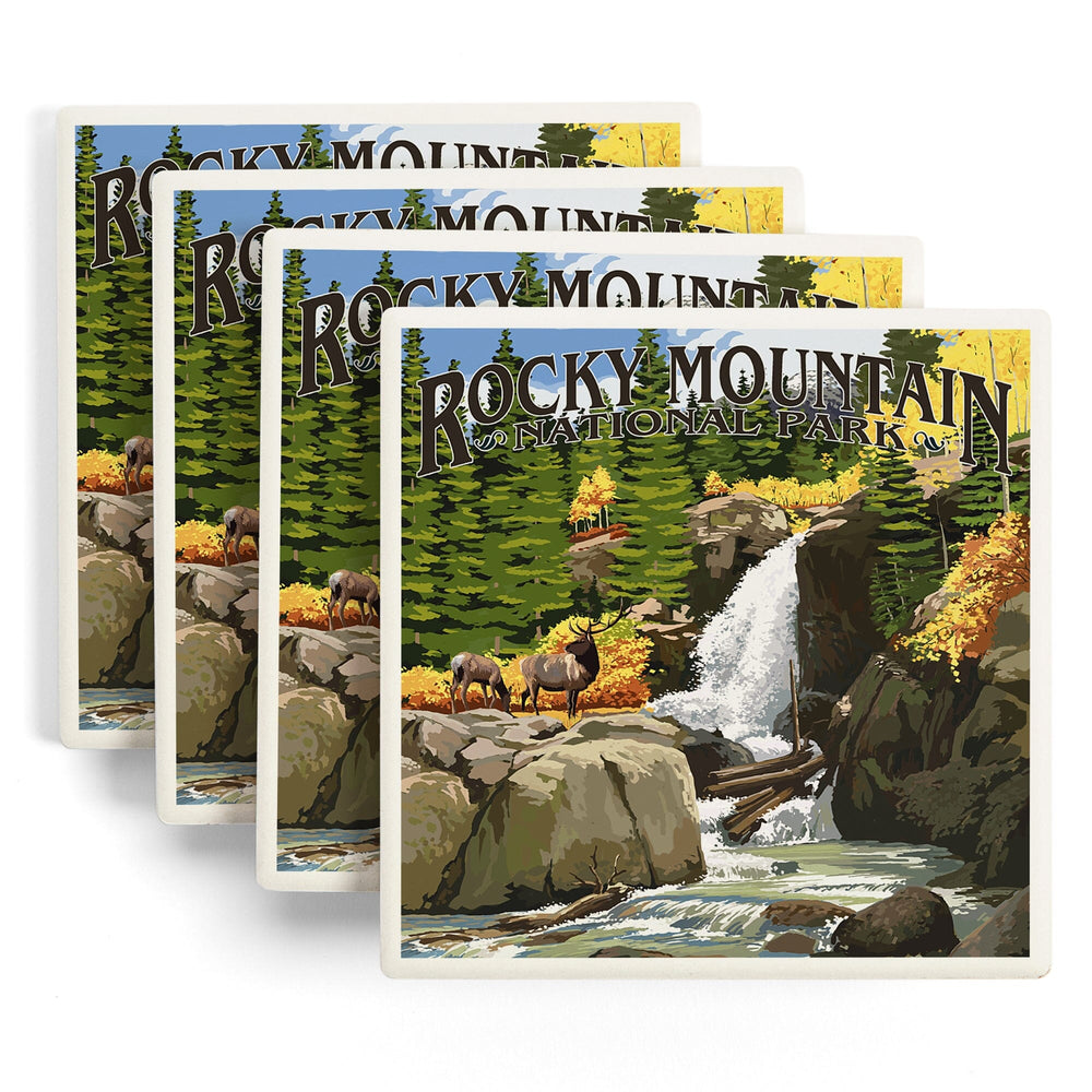 Rocky Mountain National Park, Colorado, Elk and Waterfall, Coasters Coasters Lantern Press 