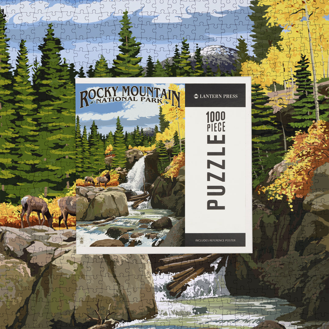 Rocky Mountain National Park, Colorado, Elk and Waterfall, Jigsaw Puzzle Puzzle Lantern Press 