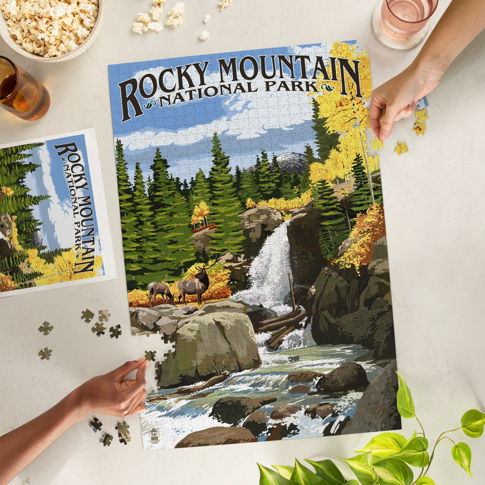Rocky Mountain National Park, Colorado, Elk and Waterfall, Jigsaw Puzzle Puzzle Lantern Press 