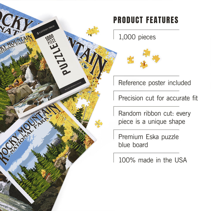 Rocky Mountain National Park, Colorado, Elk and Waterfall, Jigsaw Puzzle Puzzle Lantern Press 