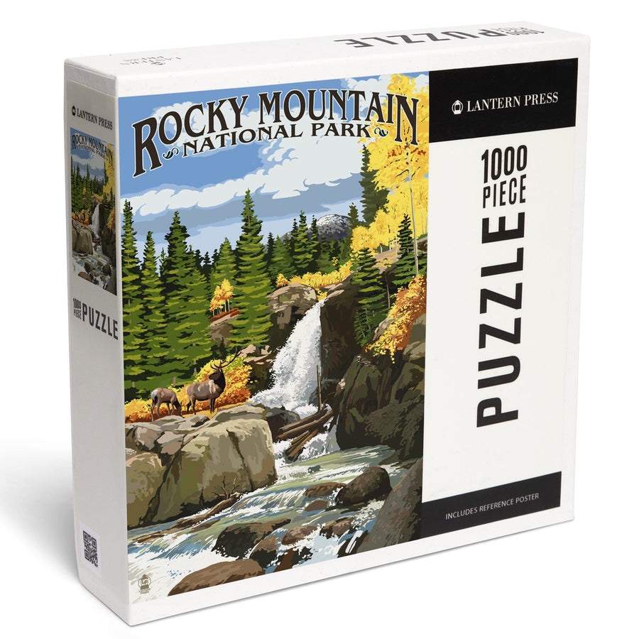 Rocky Mountain National Park, Colorado, Elk and Waterfall, Jigsaw Puzzle Puzzle Lantern Press 
