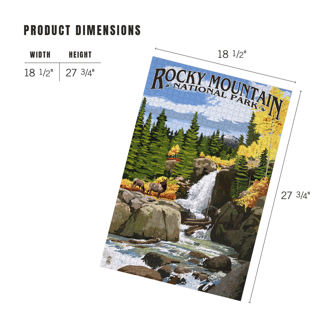 Rocky Mountain National Park, Colorado, Elk and Waterfall, Jigsaw Puzzle Puzzle Lantern Press 
