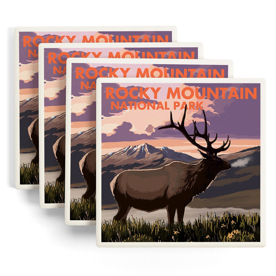 Rocky Mountain National Park, Colorado, Elk & Sunset, Lantern Press Artwork, Coaster Set Coasters Lantern Press 