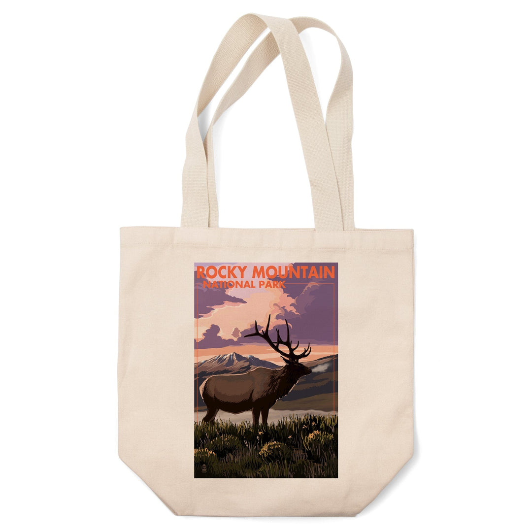 Rocky Mountain National Park, Colorado, Elk & Sunset, Lantern Press Artwork, Tote Bag Totes Lantern Press 