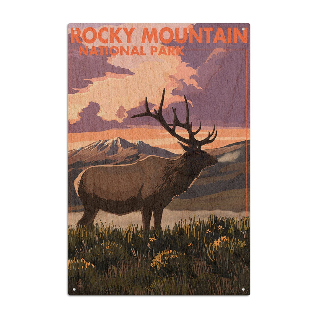 Rocky Mountain National Park, Colorado, Elk & Sunset, Lantern Press Artwork, Wood Signs and Postcards Wood Lantern Press 10 x 15 Wood Sign 
