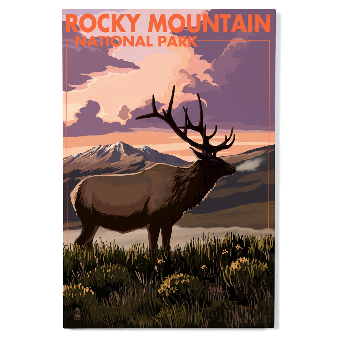 Rocky Mountain National Park, Colorado, Elk & Sunset, Lantern Press Artwork, Wood Signs and Postcards Wood Lantern Press 