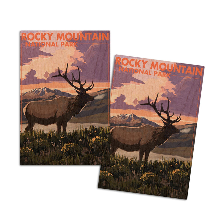 Rocky Mountain National Park, Colorado, Elk & Sunset, Lantern Press Artwork, Wood Signs and Postcards Wood Lantern Press 4x6 Wood Postcard Set 