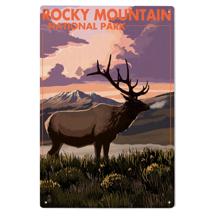 Rocky Mountain National Park, Colorado, Elk & Sunset, Lantern Press Artwork, Wood Signs and Postcards Wood Lantern Press 
