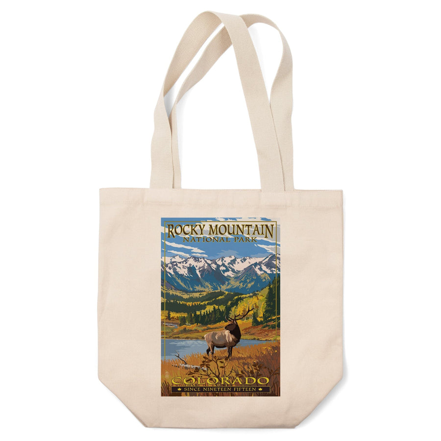 Rocky Mountain National Park, Colorado, Fall and Elk, Lantern Press Artwork, Tote Bag Totes Lantern Press 