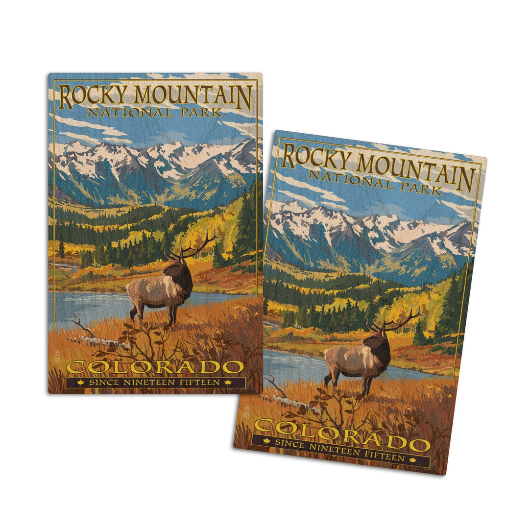 Rocky Mountain National Park, Colorado, Fall and Elk, Lantern Press Artwork, Wood Signs and Postcards Wood Lantern Press 4x6 Wood Postcard Set 
