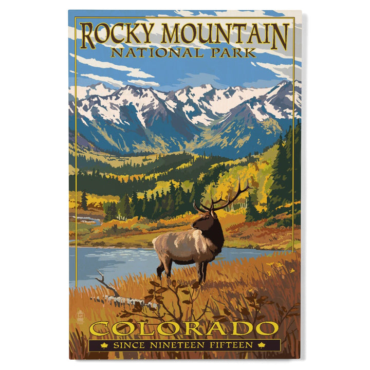 Rocky Mountain National Park, Colorado, Fall and Elk, Lantern Press Artwork, Wood Signs and Postcards Wood Lantern Press 