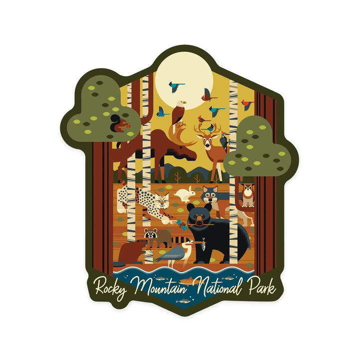 Rocky Mountain National Park, Colorado, Forest Animals, Geometric National Park Series, Contour, Lantern Press Artwork, Vinyl Sticker Sticker Lantern Press 