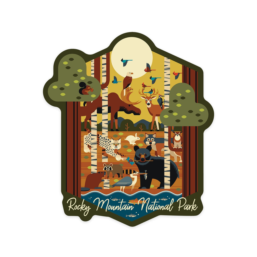 Rocky Mountain National Park, Colorado, Forest Animals, Geometric National Park Series, Contour, Lantern Press Artwork, Vinyl Sticker Sticker Lantern Press 