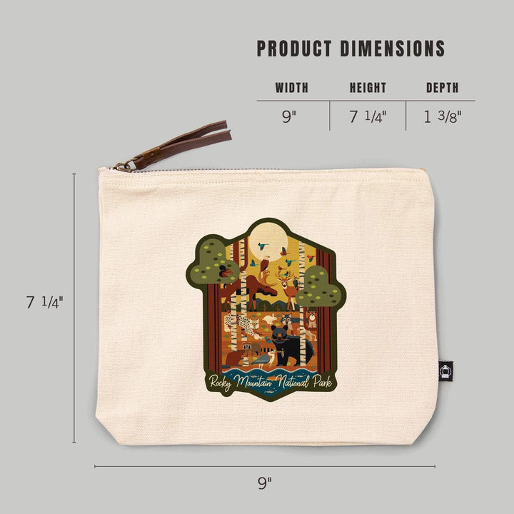 Rocky Mountain National Park, Colorado, Forest Animals, Geometric Series,, Organic Cotton Zipper Pouch, Go Bag Go Bag Lantern Press 