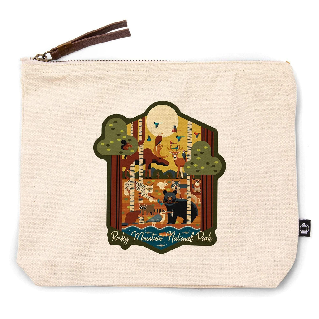 Rocky Mountain National Park, Colorado, Forest Animals, Geometric Series,, Organic Cotton Zipper Pouch, Go Bag Go Bag Lantern Press 