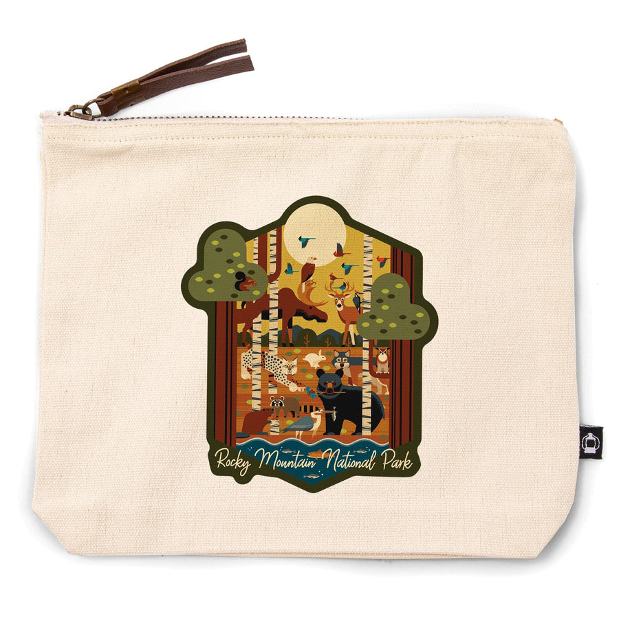Rocky Mountain National Park, Colorado, Forest Animals, Geometric Series,, Organic Cotton Zipper Pouch, Go Bag Go Bag Lantern Press 