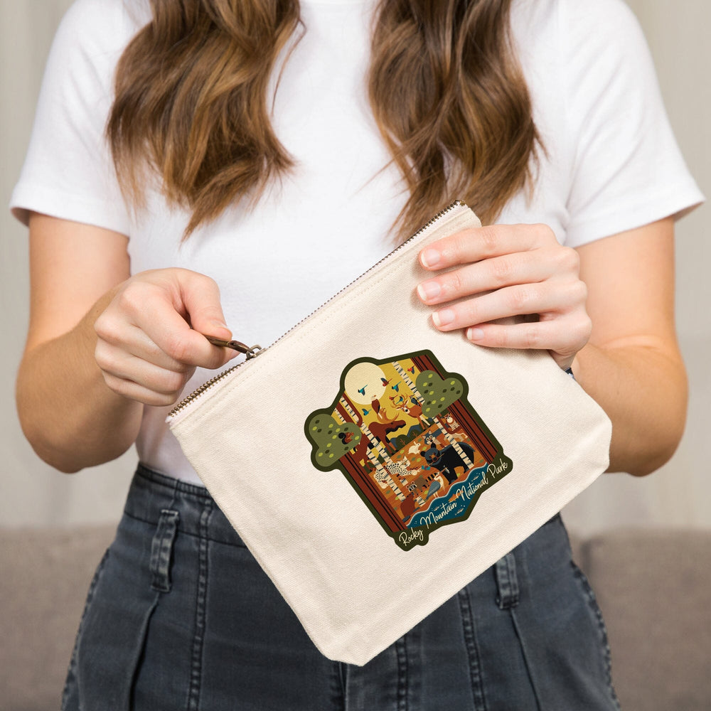 Rocky Mountain National Park, Colorado, Forest Animals, Geometric Series,, Organic Cotton Zipper Pouch, Go Bag Go Bag Lantern Press 