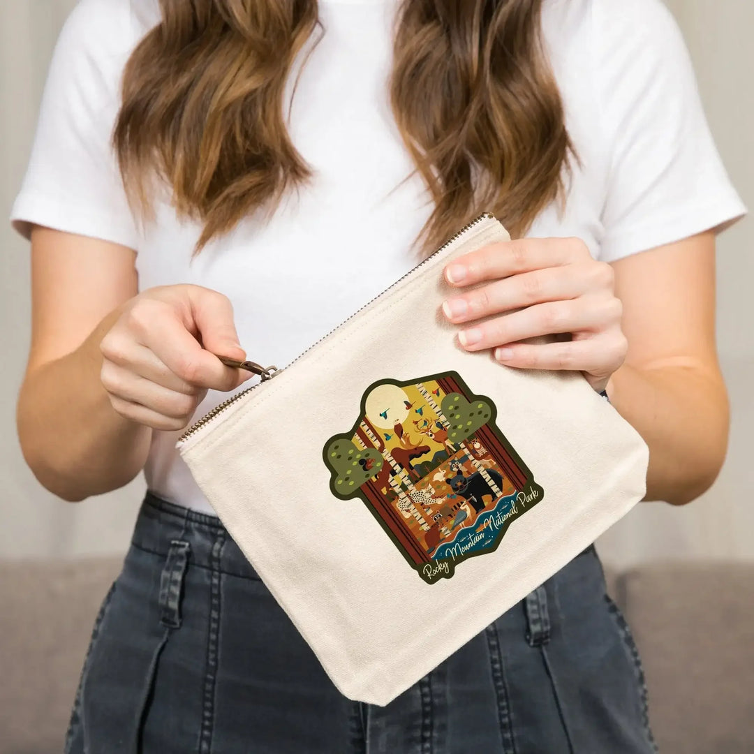 Rocky Mountain National Park, Colorado, Forest Animals, Geometric Series,, Organic Cotton Zipper Pouch, Go Bag Go Bag Lantern Press 