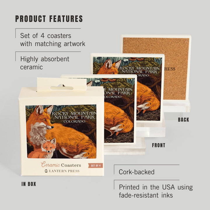 Rocky Mountain National Park, Colorado, Fox and Kit, Letterpress, Coasters Coasters Lantern Press 