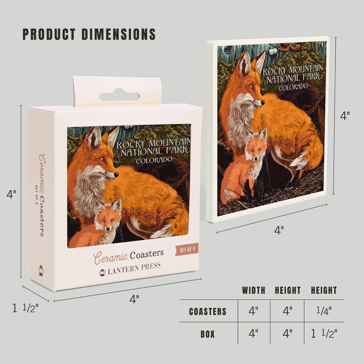 Rocky Mountain National Park, Colorado, Fox and Kit, Letterpress, Coasters Coasters Lantern Press 