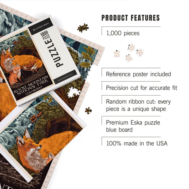 Rocky Mountain National Park, Colorado, Fox and Kit, Letterpress, Jigsaw Puzzle Puzzle Lantern Press 