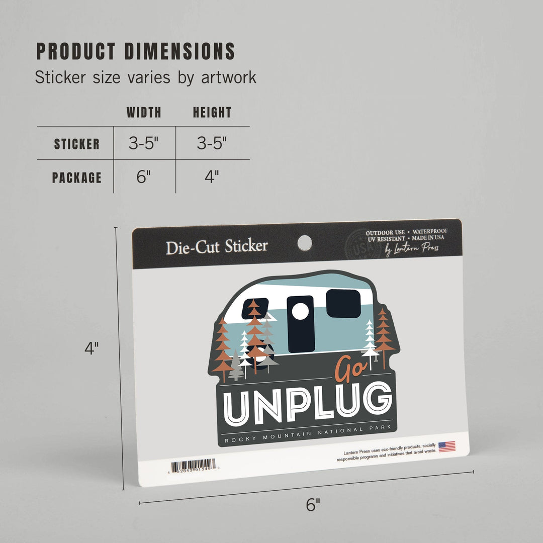 Rocky Mountain National Park, Colorado, Go Unplug, Vector Retro Camper, Contour, Vinyl Sticker Sticker Lantern Press 