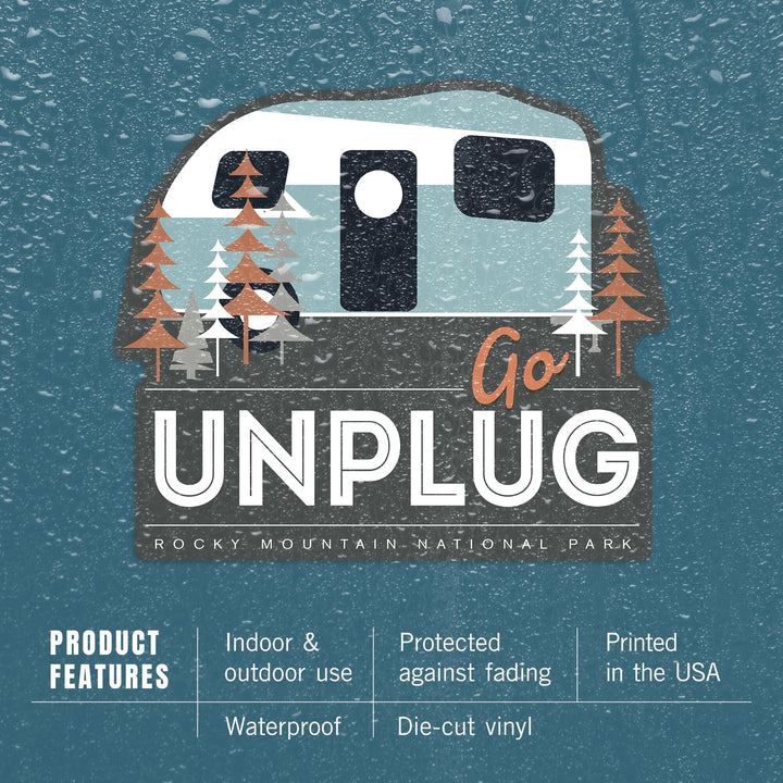 Rocky Mountain National Park, Colorado, Go Unplug, Vector Retro Camper, Contour, Vinyl Sticker Sticker Lantern Press 