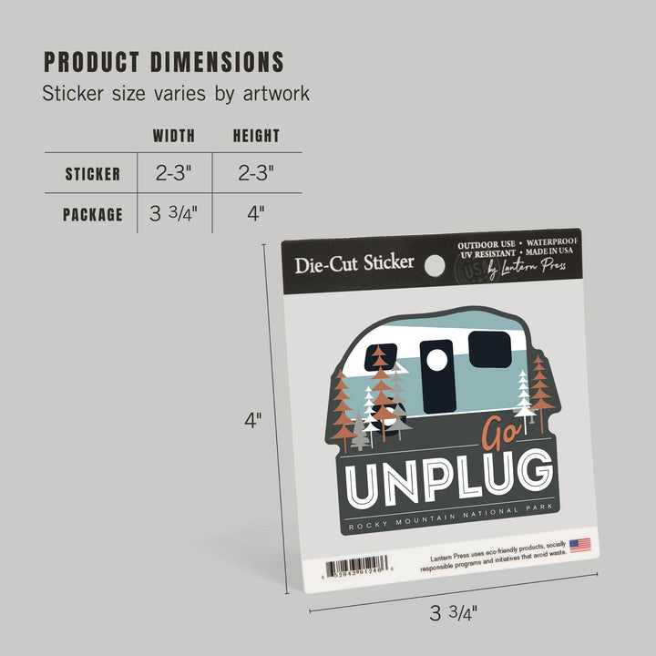 Rocky Mountain National Park, Colorado, Go Unplug, Vector Retro Camper, Contour, Vinyl Sticker Sticker Lantern Press 