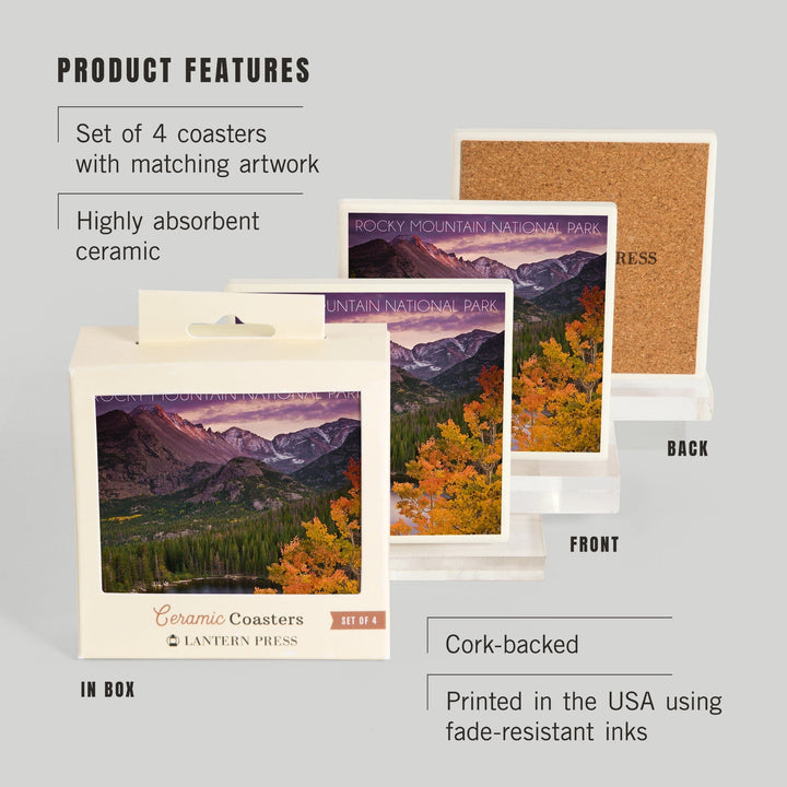 Rocky Mountain National Park, Colorado, Lake and Mountain, Coasters Coasters Lantern Press 
