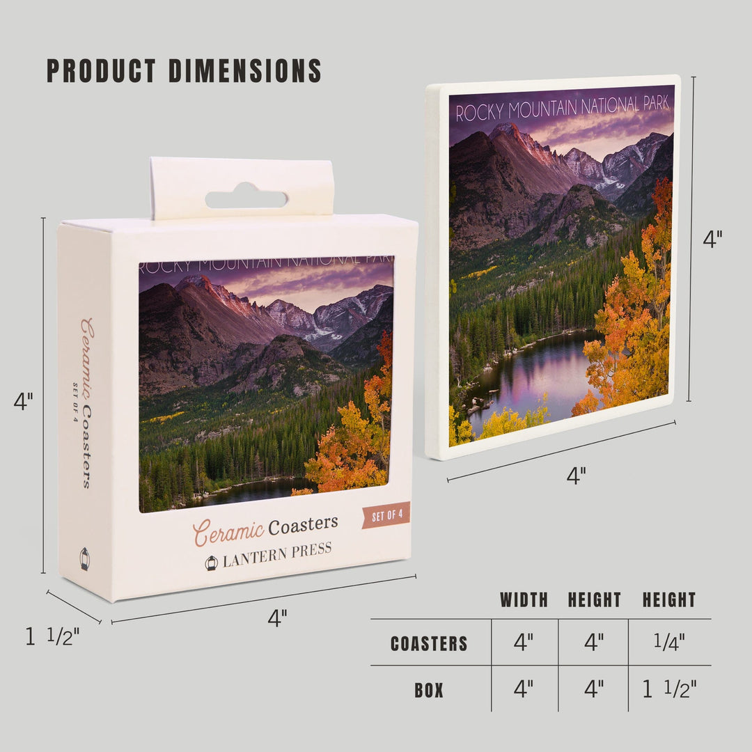 Rocky Mountain National Park, Colorado, Lake and Mountain, Coasters Coasters Lantern Press 