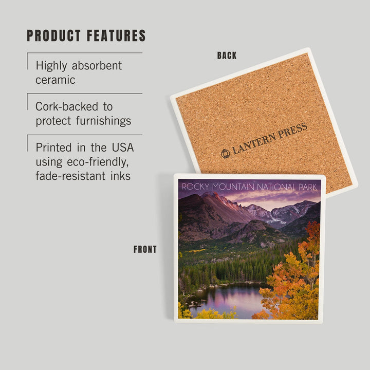 Rocky Mountain National Park, Colorado, Lake and Mountain, Coasters Coasters Lantern Press 