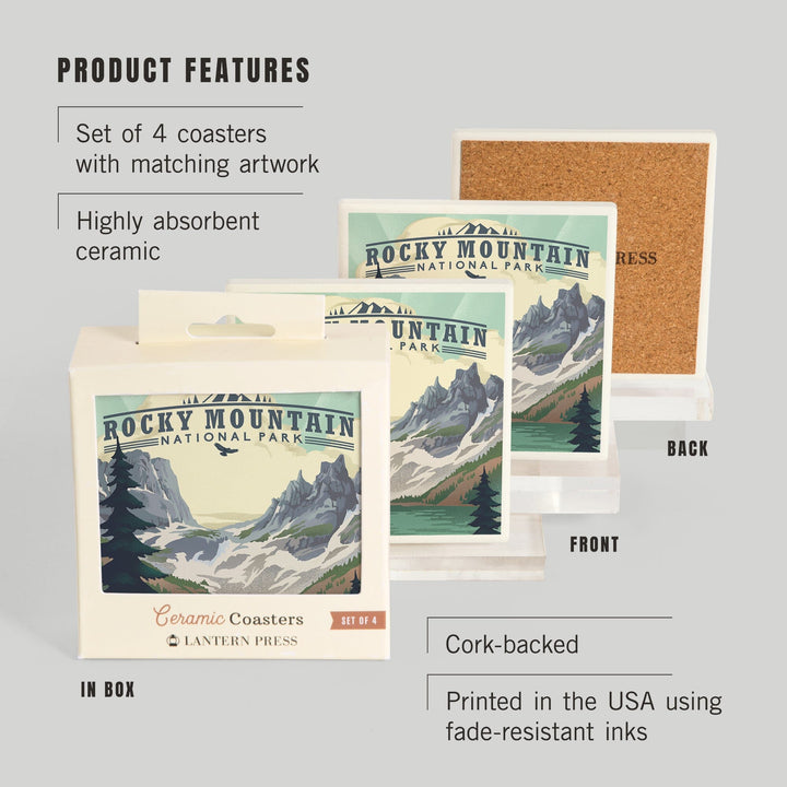 Rocky Mountain National Park, Colorado, Lake, Lithograph, Coasters Coasters Lantern Press 