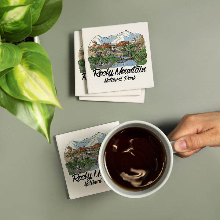 Rocky Mountain National Park, Colorado, Line Drawing, Coasters Coasters Lantern Press 