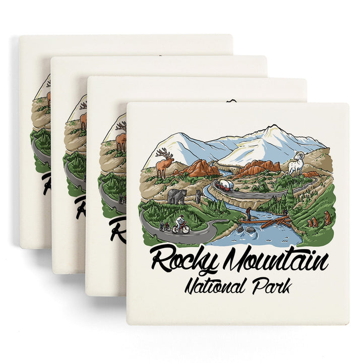 Rocky Mountain National Park, Colorado, Line Drawing, Coasters Coasters Lantern Press 
