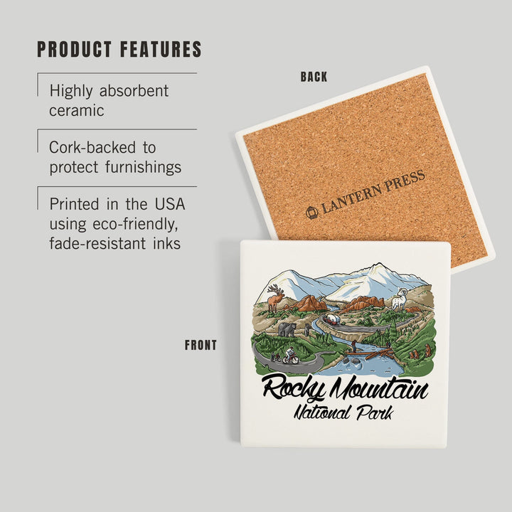 Rocky Mountain National Park, Colorado, Line Drawing, Coasters Coasters Lantern Press 