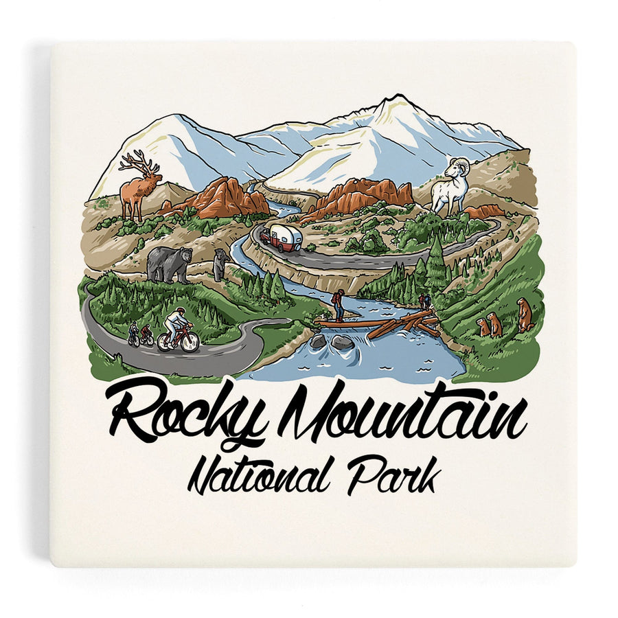 Rocky Mountain National Park, Colorado, Line Drawing, Coasters Coasters Lantern Press 