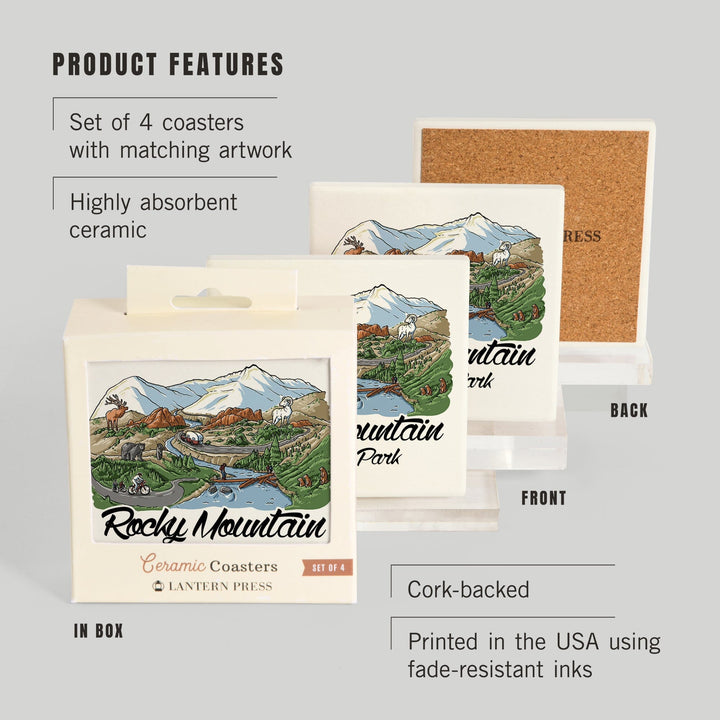 Rocky Mountain National Park, Colorado, Line Drawing, Coasters Coasters Lantern Press 