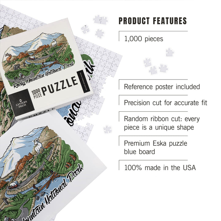 Rocky Mountain National Park, Colorado, Line Drawing, Jigsaw Puzzle Puzzle Lantern Press 