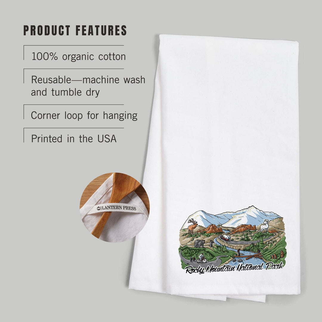 Rocky Mountain National Park, Colorado, Line Drawing, Organic Cotton Kitchen Tea Towels Kitchen Lantern Press 
