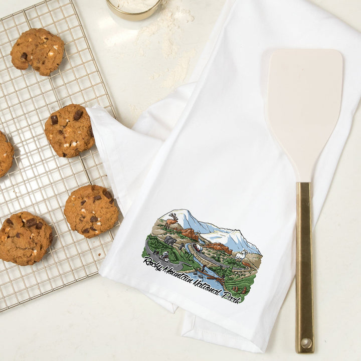 Rocky Mountain National Park, Colorado, Line Drawing, Organic Cotton Kitchen Tea Towels Kitchen Lantern Press 