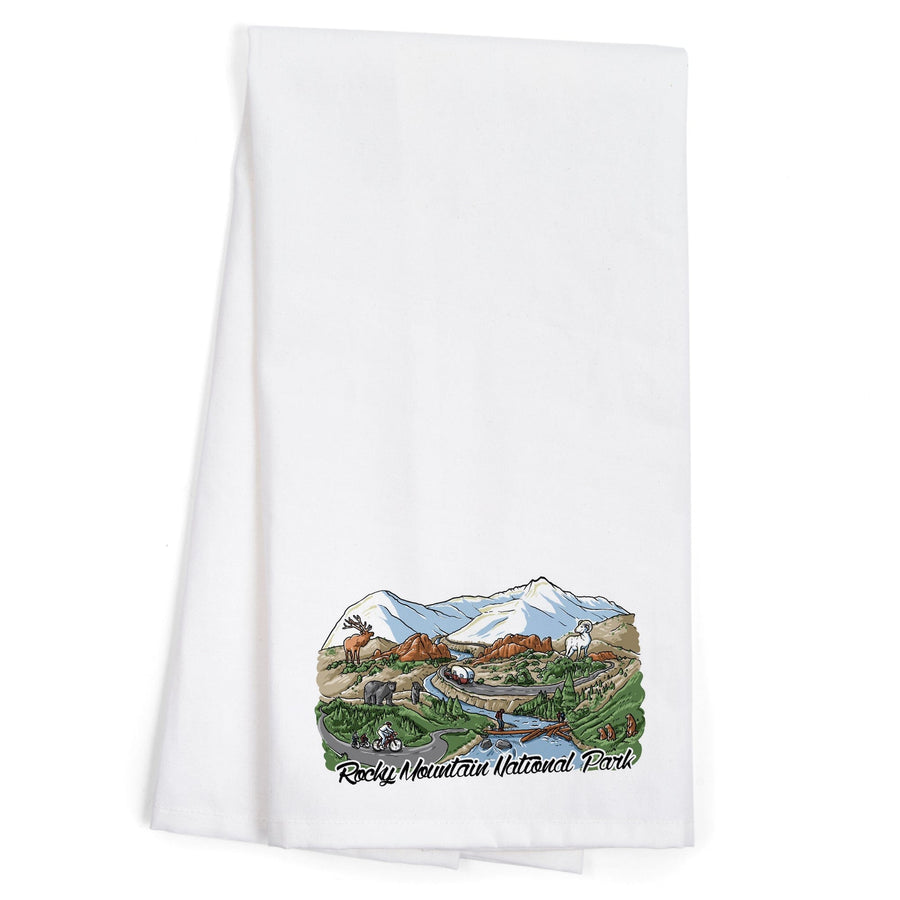 Rocky Mountain National Park, Colorado, Line Drawing, Organic Cotton Kitchen Tea Towels Kitchen Lantern Press 