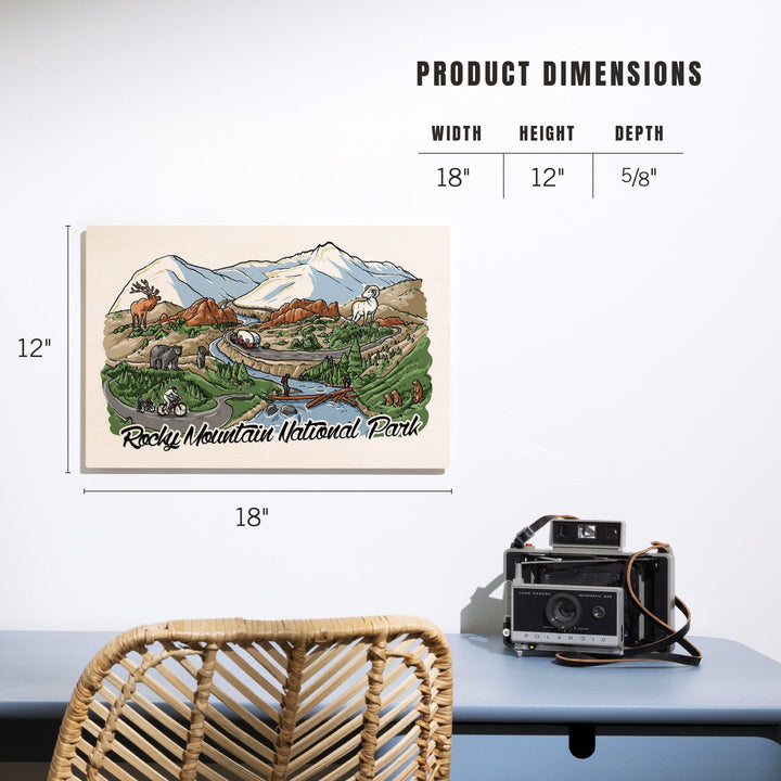 Rocky Mountain National Park, Colorado, Line Drawing, Wood Signs and Postcards Wood Lantern Press 