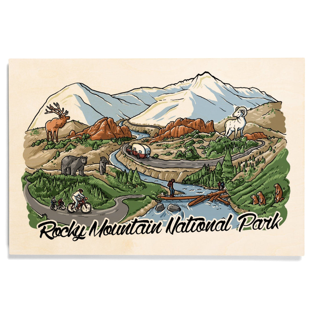 Rocky Mountain National Park, Colorado, Line Drawing, Wood Signs and Postcards Wood Lantern Press 